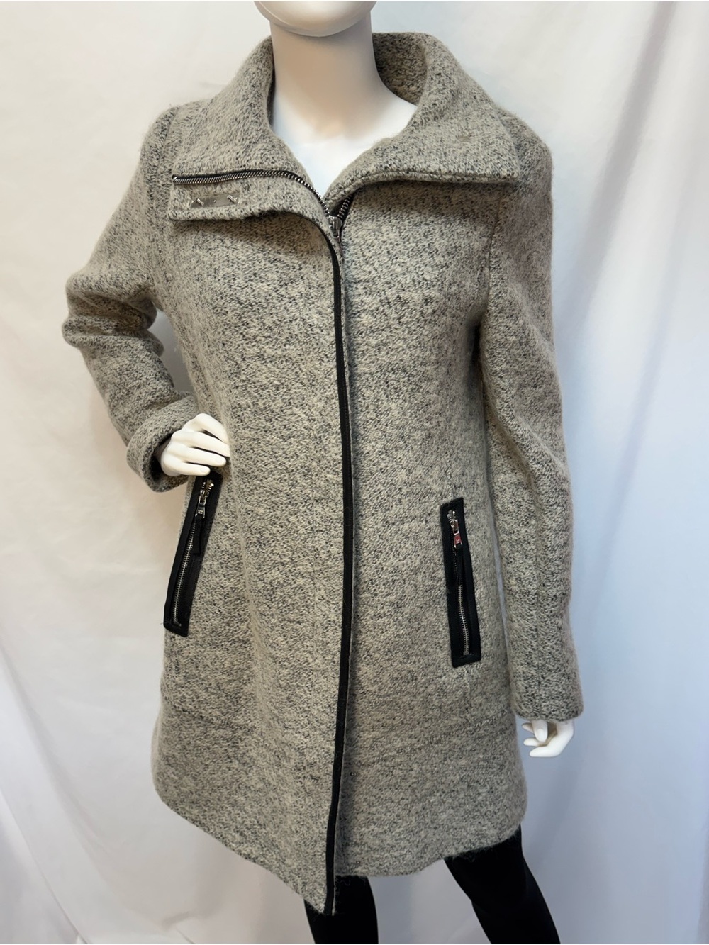Calvin Klein Asymmetrical Boucle Walker Coat Wool Blend Faux Leather Trim